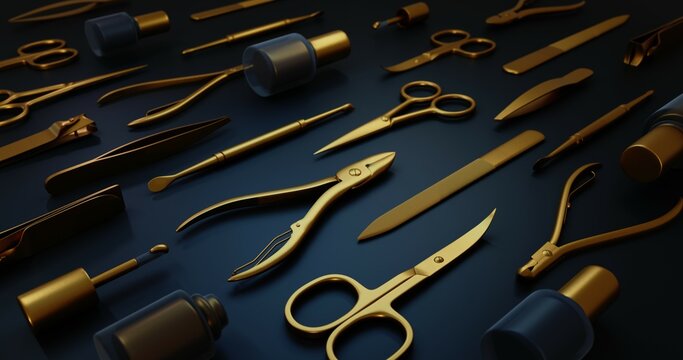 3d manicure, pedicure model illustration set. Luxury gold and black art supplies. Nail scissors, emery board, cuticle scissors, nail file, tweezers, manicure buffer, nail clippers, gel polish