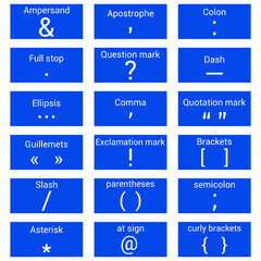 list of punctuation marks in English grammar vector illustration on white background