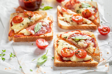 Fresh and tasty toasts for lunch as a quick appetizer.