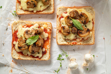 Tasty toasts with mushrooms, olive oil and cheese.