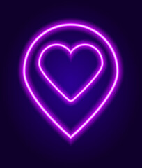 neon location signs are purple with a heart inside. Isolated element glow-in-the-dark pointers on the lilac line cards with a heart inside for the design template of the dating site romance, club