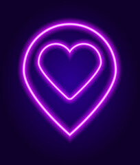 neon location signs are purple with a heart inside. Isolated element glow-in-the-dark pointers on the lilac line cards with a heart inside for the design template of the dating site romance, club