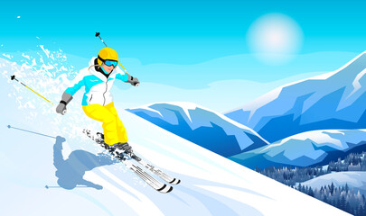 Fototapeta na wymiar Advanced skier slides near mountain downhill. Sports descent on skis in mountains hills. Winter activity. Skiing in winter Alps. Winter sport resort with mountain landscape. Vector illustration
