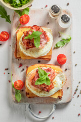 Vegetarian and hot toasts with toast, bacon and eggs.