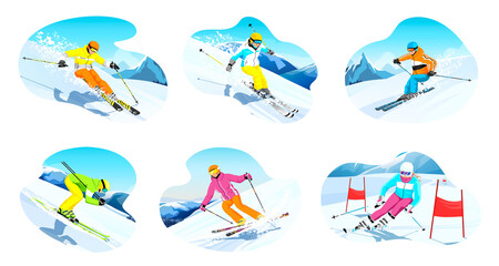 Set of skiers isolated on white background. Colorful skier rides. Winter sport characters slides in mountains. Ski actions: downhill, slalom, freeride, freestyle. Skiing in Alps. Vector illustration