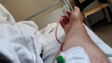 First person view, man after blood transfusion