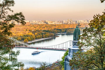 View of Dripro river and left bank of Kyiv. Monument of Saint Volodymyr and Footbridge.