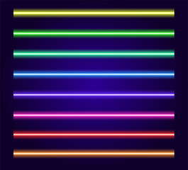 Retro neon set multi colored, great design for any purposes. Modern abstract color backdrop. a set of horizontal multi-colored lines of bright neon glow in the dark