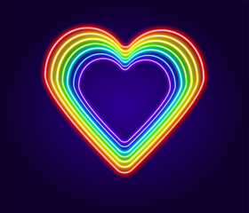 Neon sign in the shape of a heart, made of often multicolored lines. Vector isolated mode of the love symbol of glowing contours of red, blue, green, yellow and purple colors of the retro rainbow on b