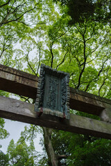 東京赤坂にある氷川神社の鳥居と鮮やかな緑