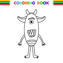 Funny and cute Alien monster with three eyes for kids. Imaginary creature for children coloring book, black and white outline fantasy cartoon for coloring pages.