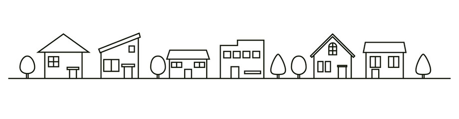 町の家々の線画イラスト