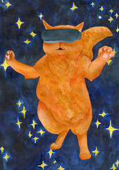 Ginger cat in a virtual reality helmet. Background of a starry sky. Watercolor illustration.