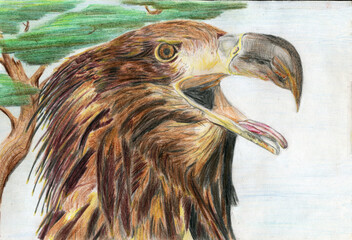 Eagle head with open beak. 
Pencil illustration. On the background - tree with green foliage.
