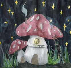 Fairy scene. 
A little man sits on his fly agaric house and looks at the starry sky. Watercolor illustration.