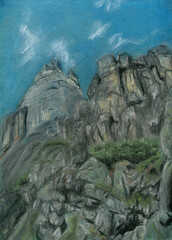 
View of the rocks from below. Pastel illustration.