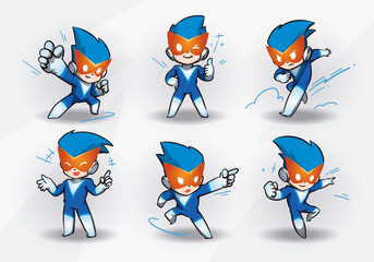 Super Hero Blue Boy Mascot Character Set	