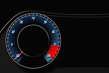 3D illustration car  black tachometer  on sport car, closeup.  Sign and symbol on car dashboard. Close-up scale digits.