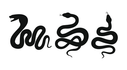 Collection of vector snakes. Silhouettes of a black cobra on a white isolated background. Viper, vector illustration.