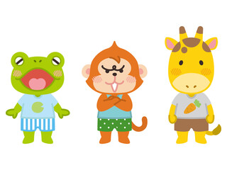 動物キャラクター　カエル　サル　キリン