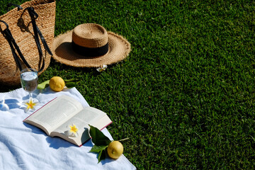 Lunch break in the park. Picnic blanket with an open book, lemons, beach bag and broad brim straw...