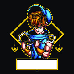 logo esport character boy angry expression with cap and jacket. logo vector character boy for gaming. theme blue costume character. Logo gaming for team squad.