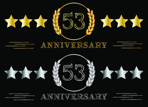 53th anniversary set gold and silver. Celebrating birthday, banner for special date with ring on isolated background.