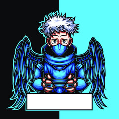 mascot esport boy angel character logo gaming blue wings costume with joystick and blue jacket. Logo gaming for team squad.logo vector character boy wings for gaming.