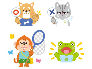 正解する犬　不正解の猫　虫捕りをする猿　喜ぶカエル