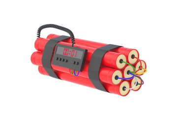 Red dynamite bomb with digital timer isolated on white background. 3d rendering