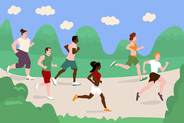 Different people running in park. Outdoor physical fitness. Flat vector illustration