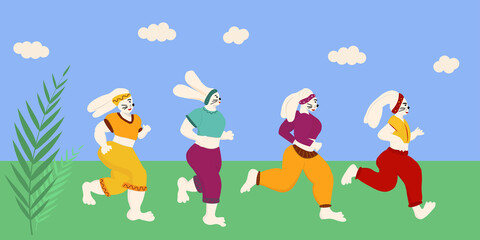 Body positive rabbits running in park. Physical fitness flat vector illustration