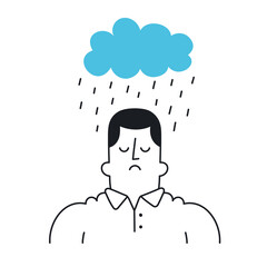 Man with raincloud above his head. Bad mood, depressive thoughts, sadness. Outline, linear, thin line, doodle art. Simple style with editable stroke.