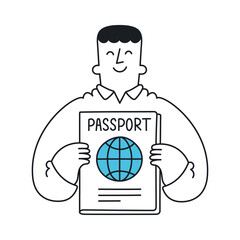 Happy man holding passport. Travel, trip, summer time, vacation. Outline, linear, thin line, doodle art. Simple style with editable stroke.