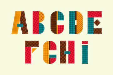 Colorful patchwork english alphabet. Isolated quilt letters in scrapbook style. - obrazy, fototapety, plakaty