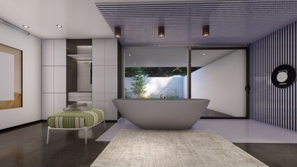 bathtub Master bathroom design with dressing lamp and large window 3d illustration