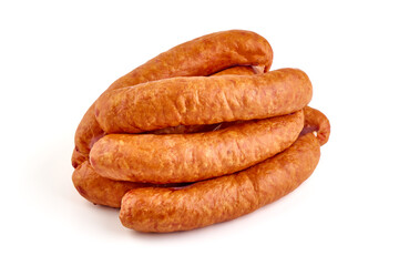 Smoked german bratwurst sausages, isolated on white background.