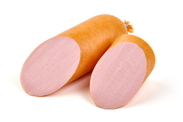 Boiled ham sausage, isolated on white background.