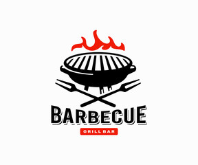 Grill with fire outdoors logo design. Barbecue charcoal grill with carving fork steakhouse restaurant vector design. Cooking over flaming outdoor grill logotype