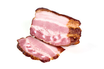 Smoked Pork Loin with slices, isolated on white background.