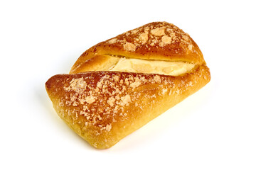 Fresh homemade buns with cottage cheese, close-up, isolated on white background.