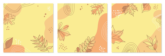 Fototapeta na wymiar Set of abstract autumn backgrounds for social media posts. Square template with copy space for text or photo. Vector covers with autumn leaves in pastel colors.