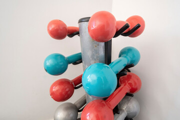 assorted colored isolated dumbbell on stand