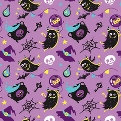 Cute monster and skull, halloween illustration for kids product.  Seamless pattern for fabric, wrapping, textile, wallpaper, clothes. Vector.