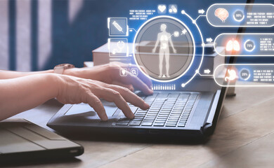Double exposure images of woman hands using laptop computer with internal organs digital and network connection on hologram modern virtual screen interface, technology and education concept