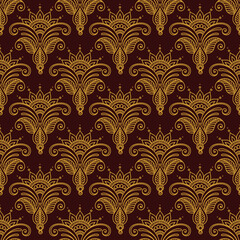 Fototapeta premium seamless pattern vector with ornaments damask dark wallpaper in gold line art. Abstract flat ornamental endless pattern. use for fabric print.