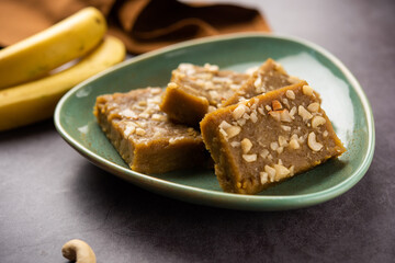 Banana Burfi or pakke kele ki barfi is a delicious Indian dessert made during festivals and special occasions