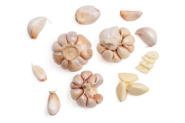 Top view fresh peeled garlic cloves, bulb with garlic slices.