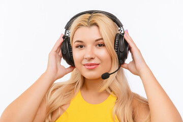 girl dispatcher with headphones and microphone on a white background