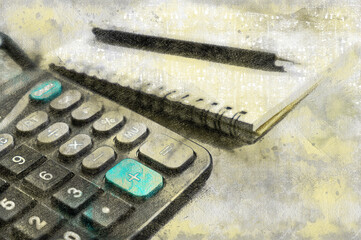 Calculator, pen, notepad lie on a gray surface. Open spring-loaded notebook with blank sheets. Digital watercolor painting